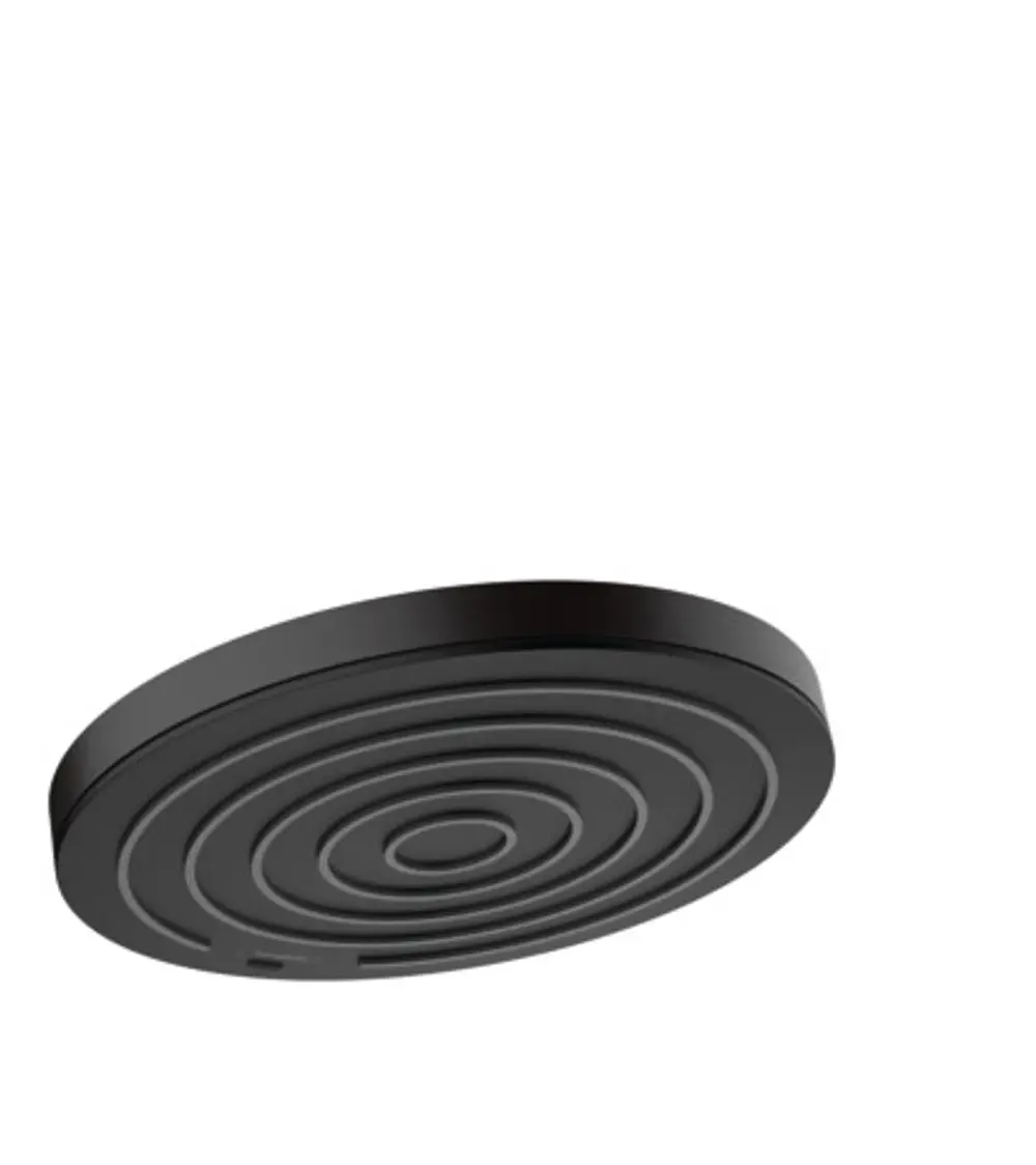 Runde Kopfbrause von Hansgrohe in mattschwarz mit spiralförmigem Design und sichtbarem Anschluss. Ideal für moderne Badezimmerausstattungen.